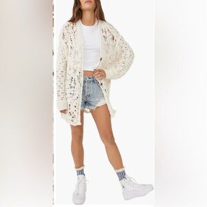 FREE PEOPLE IMELDA CROCHET OPEN KNIT BUTTON CARDIGAN SWEATER IVORY XS